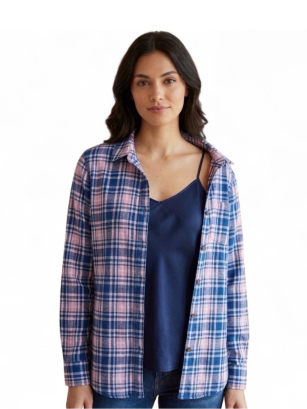 Lands End Long Sleeve Boyfriend Plaid Preppy Button-up - M